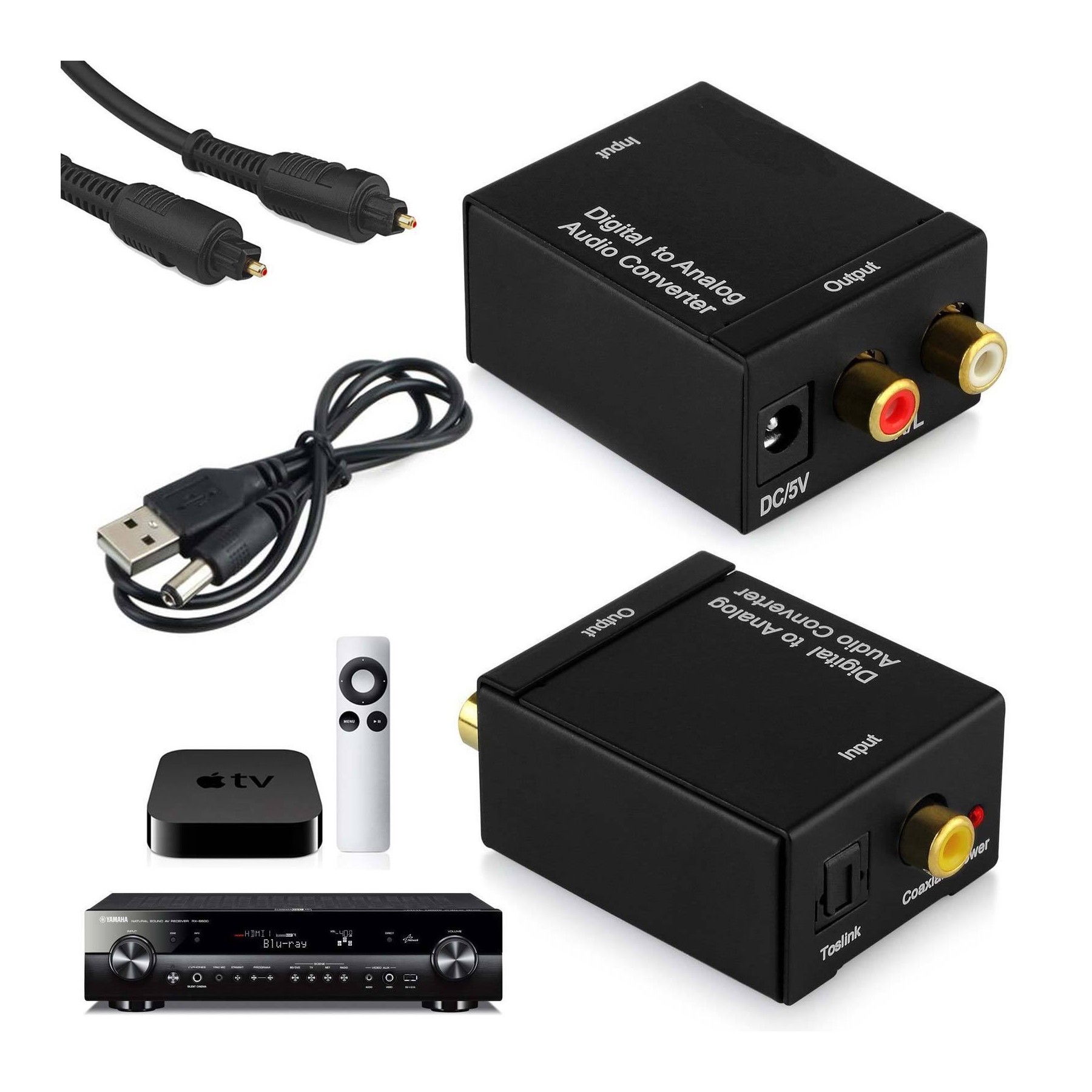 Conversor Audio Digital Negro + Cable Usb + Cable Optico