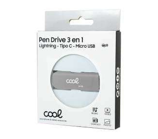 Memoria USB Pen Drive USB x64 GB COOL (3 en 1) Lightning / Tipo-C / Micro-USB Gris