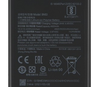 Bateria para Xiaomi Redmi Note 9 Pro, Pro Max, MPN Original: BN53