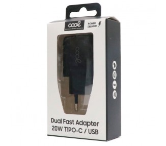 Cargador Red Universal Fast Charger (PD) Dual Tipo-C / USB COOL (20W) Negro