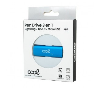 Memoria USB Pen Drive USB x64 GB COOL (3 en 1) Lightning / Tipo-C / Micro-USB Azul