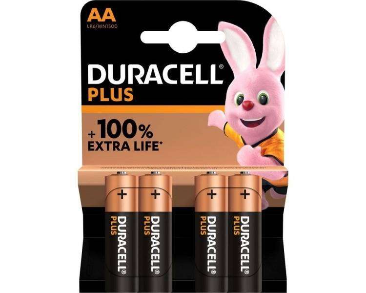 Pack De 4 Pilas Bateria AA Duracell Plus Extra Life LR6, 1.5V, Alcalinas