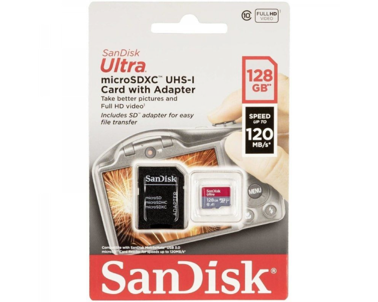 Tarjeta de memoria sandisk ultra 128gb microsdxc uhs-i con adaptador/ clase 10/ 120mbs