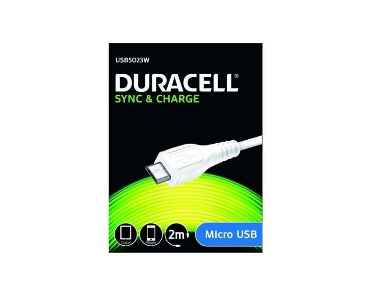 Cable usb 2.0 duracell usb5023w/ usb macho - microusb macho/ 2m/ blanco