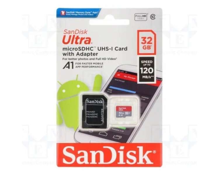 Tarjeta De Memoria Sandisk Ultra 32Gb Microsd Hc Uhs-I Con Adaptador Clase 10/120Mbs