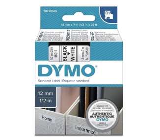 Cinta rotuladora adhesiva de plástico dymo d1 45013/ para label manager/ 12mm x 7m/ negra-blanca