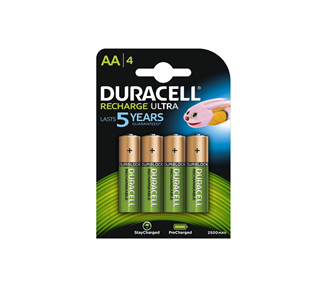 Duracell Pilas Bateria Recargables NiHM AA LR6 1.2V 2500Mah Ultra, (4 Unidades)