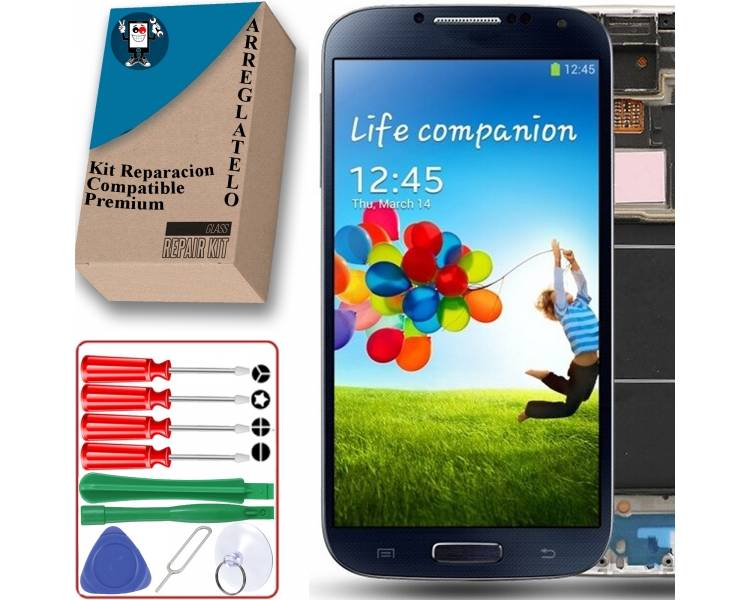 Kit Reparación Pantalla para Samsung Galaxy S4 i9505 Con Marco Azul, AMOLED
