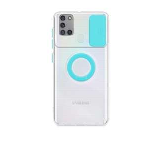 Funda Compatible para Samsung Galaxy A21S Transparente con Anilla y Cubre Cámara