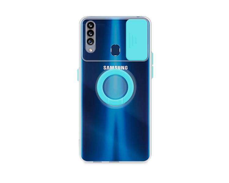 Funda Compatible para Samsung Galaxy A20S Transparente con Anilla y Cubre Cámara