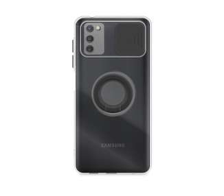 Funda Compatible para Samsung Galaxy A02S Transparente con Anilla y Cubre Cámara