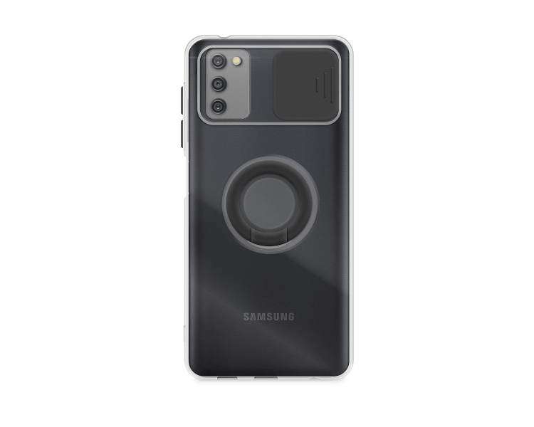 Funda Compatible para Samsung Galaxy A02S Transparente con Anilla y Cubre Cámara