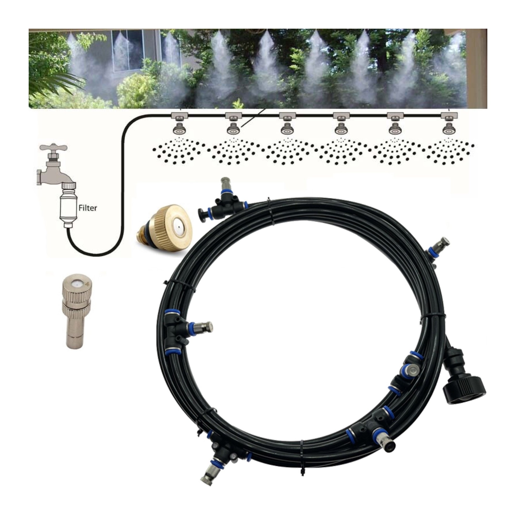 Kit Difusor De Agua Niebla Nebulizador Para Terraza Jardín 6 Difusores, 6M