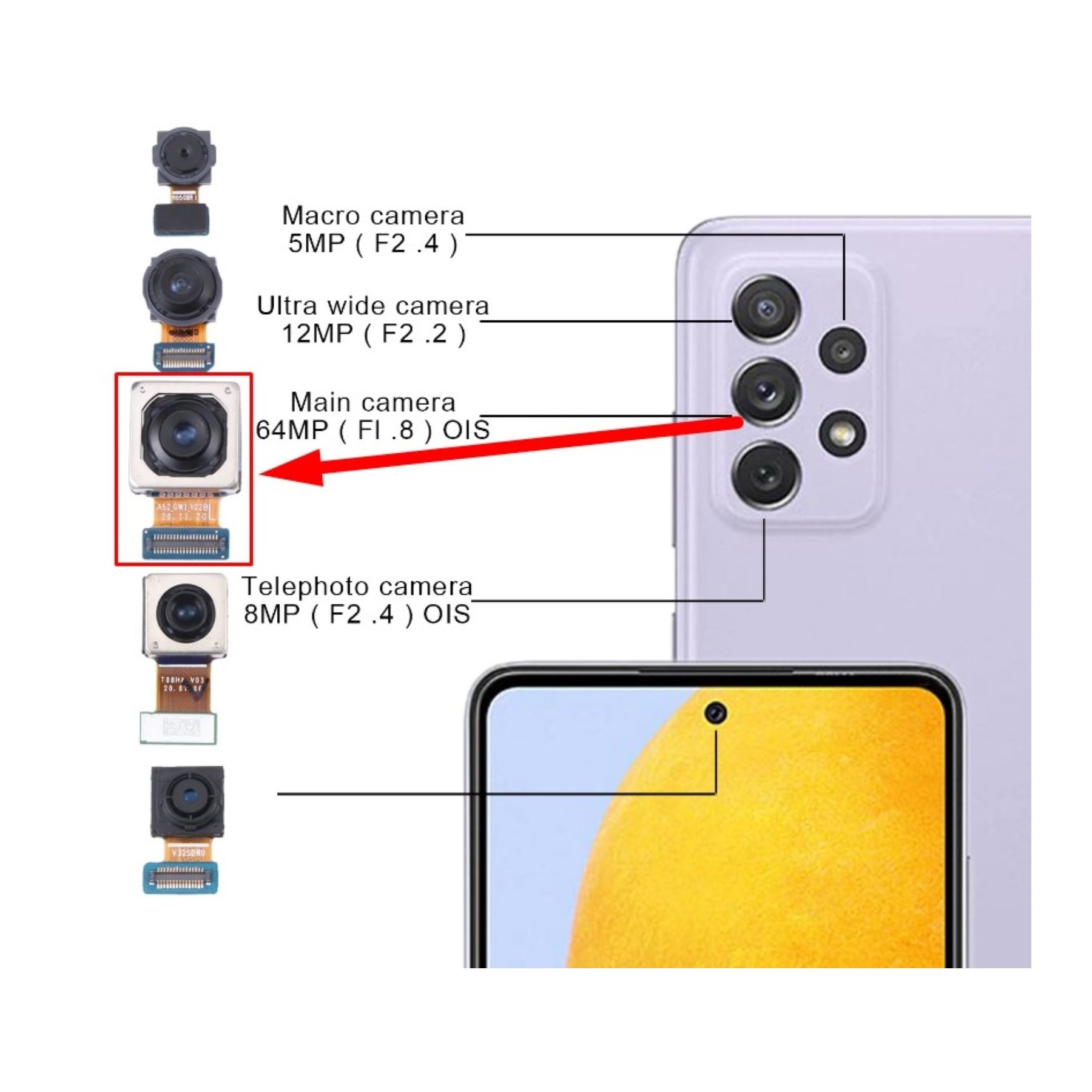 Camara Trasera Samsung Galaxy A52s 5G A528B, A52 A525F, A72 A725F 64MPX Original