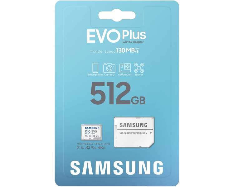Tarjeta De Memoria Samsung Evo Plus 2021 512Gb Microsd Xc Con Adaptador Clase 10/ 130Mbs