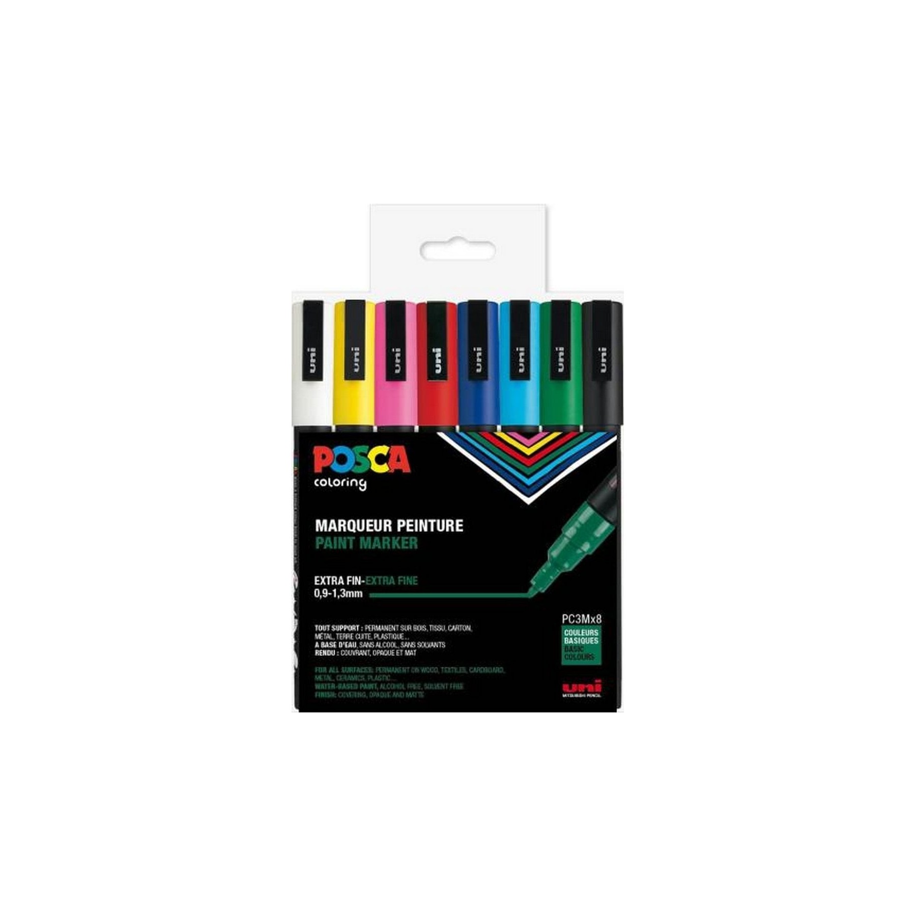 Posca - PC3M - Fine Tip Pen - Basic Colors, 8 pc
