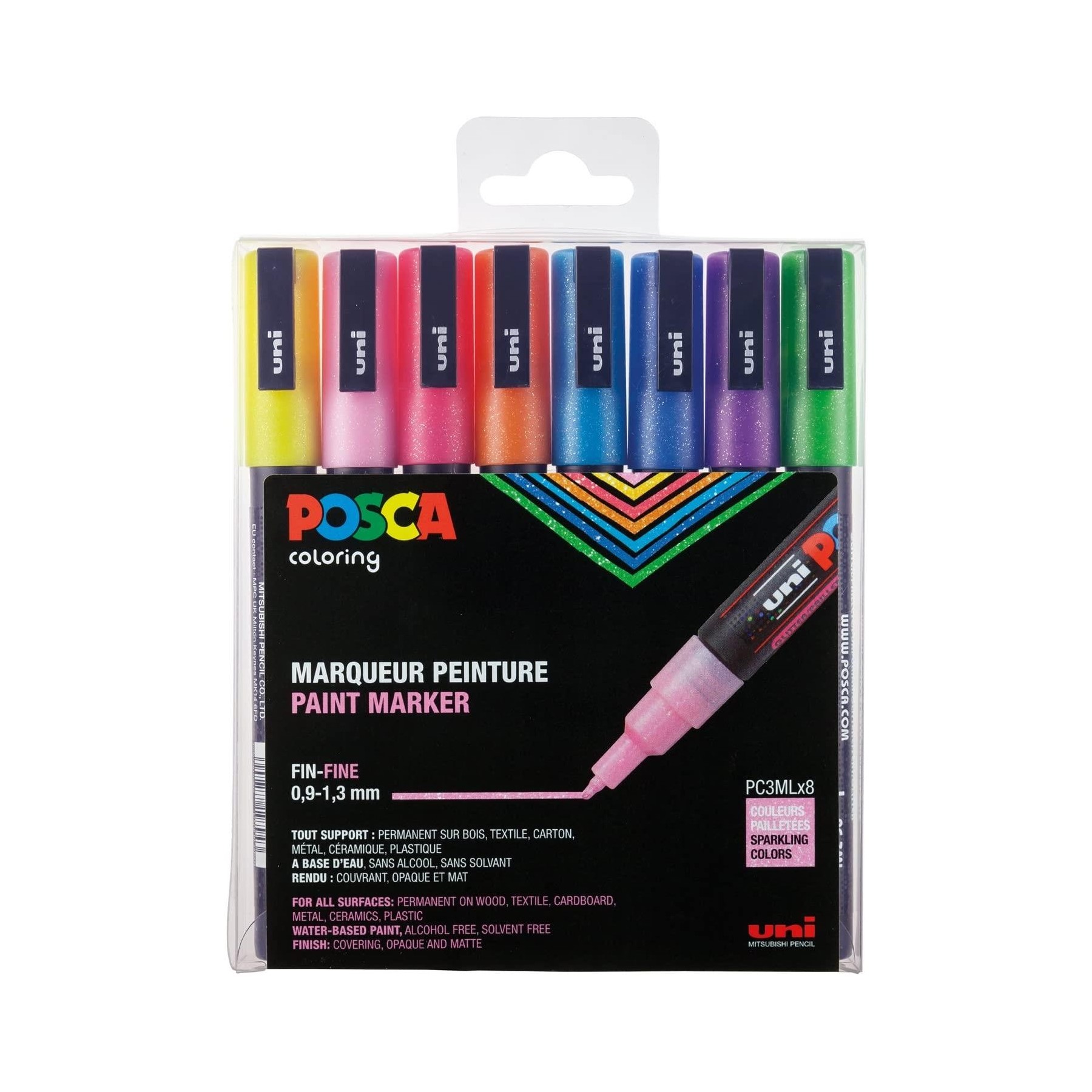 Posca - PC3M - Fine Tip Pen - Sparkling Colors, 8 pc