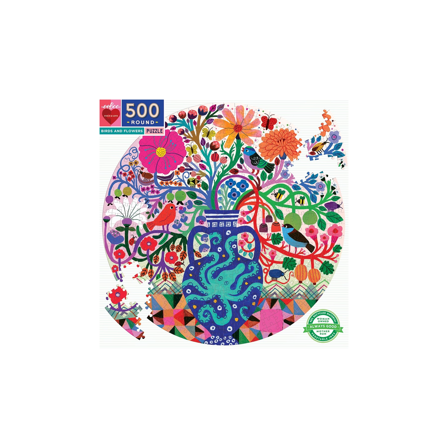 Rompecabezas eeBoo - Redondo, 500 Piezas - Aves y Flores (EPZFBDF)
