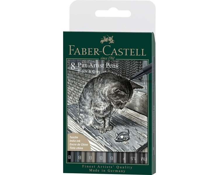 Faber-Castell, Rotulador De Artista Pitt Con Pincel, Tinta India, Gris Y Negro, Set De 8 Unidades (167171)