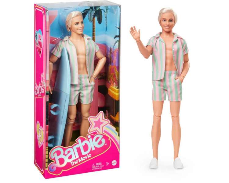 Barbie - Movie Ken Doll Wearing Pastel Striped Beach Matching Set (HPJ97)