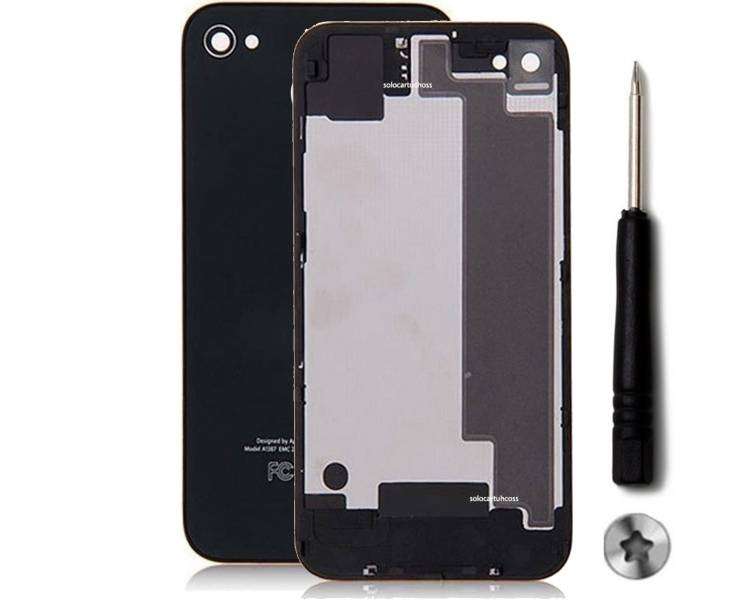 Tapa Trasera Compatible de Cristal para iPhone 4S Negra & Destornillador