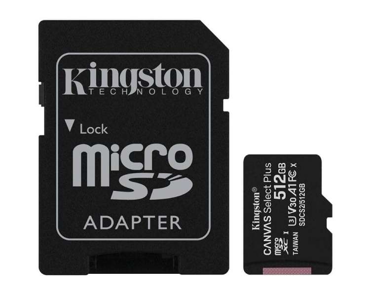 Tarjeta de memoria kingston canvas select plus 512gb microsd xc con adaptador/ clase 10/ 100mbs