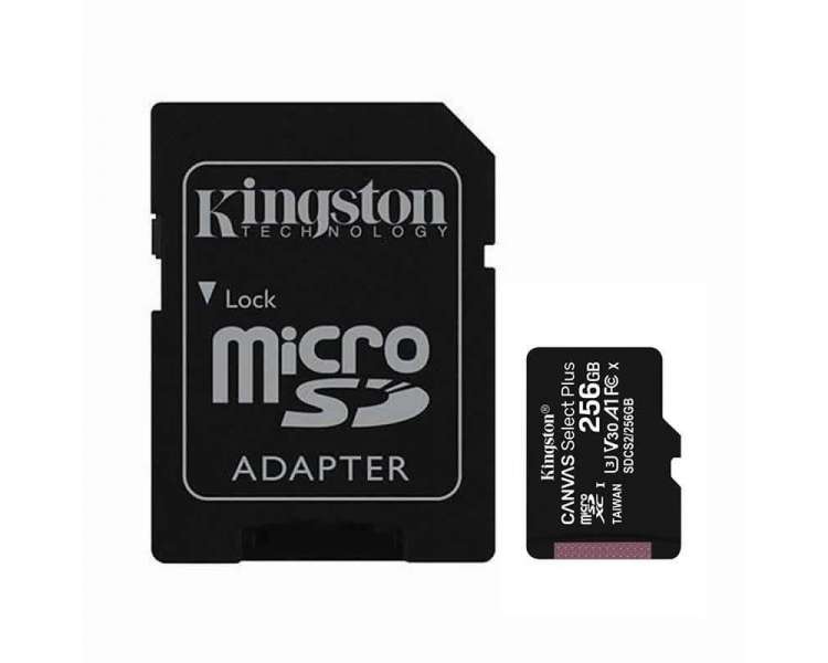 Tarjeta de memoria kingston canvas select plus 256gb microsd xc con adaptador/ clase 10/ 100mbs