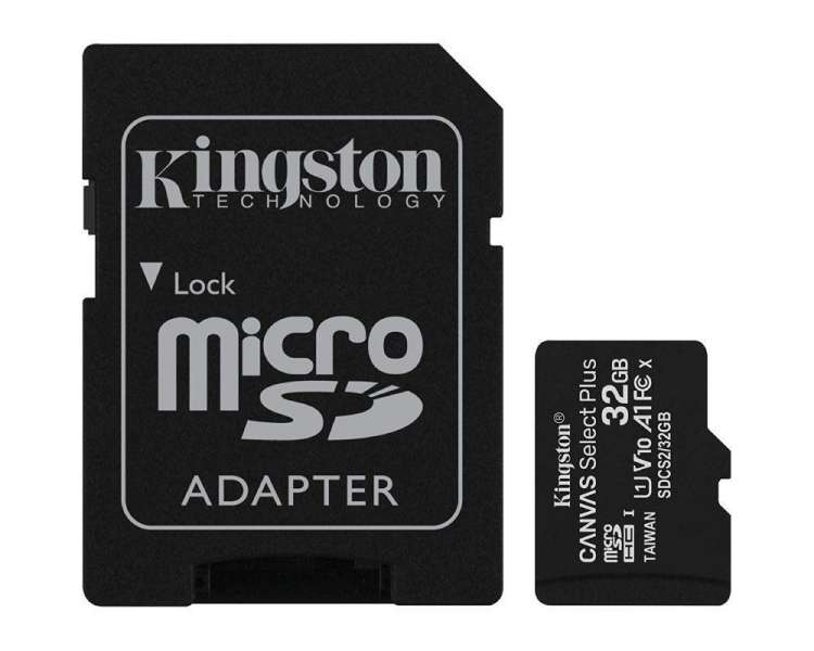 Tarjeta de memoria kingston canvas select plus 32gb microsd hc con adaptador/ clase 10/ 100mbs