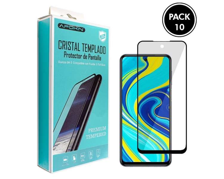 Pack-10) Cristal templado Full Glue 9H Xiaomi Redmi Note 9 Protector
