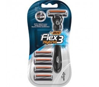 BIC Flex 3 Hybrid Razor Set for Men 3 Blades 1 Razor Handle and 4 Replacement Blades