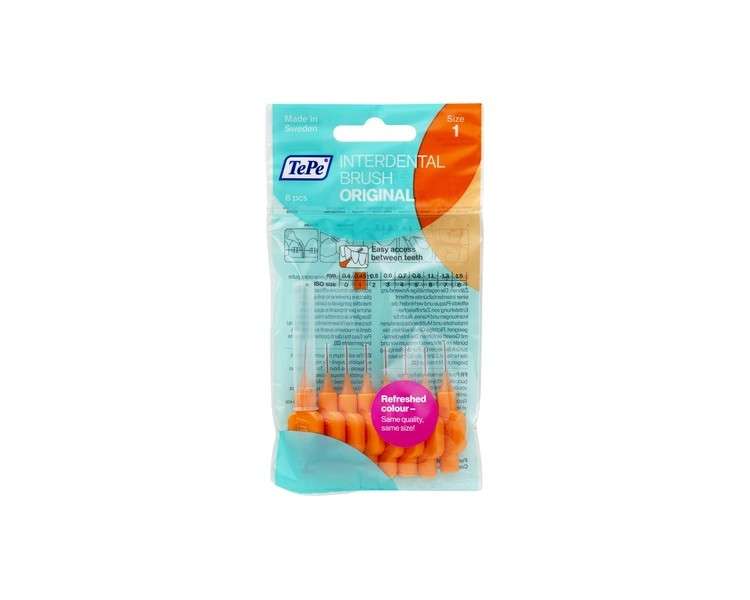 TePe Orange Interdental Brush ISO Size 1 (0.45mm) for Easy and Thorough Cleaning of Interdental Spaces 8 Interdental Brushes