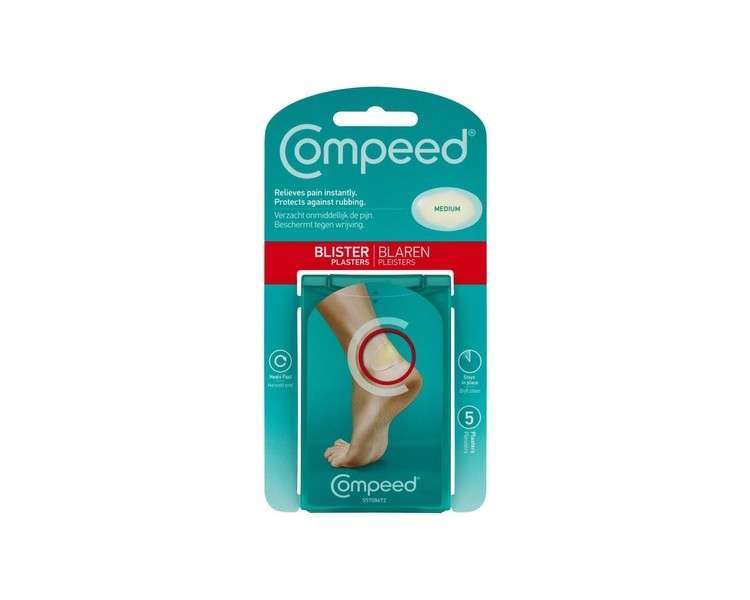 Compeed Medium Size Blister Plasters 5 Hydrocolloid Plasters Foot Treatment 4.2cm x 6.8cm - Pack of 5
