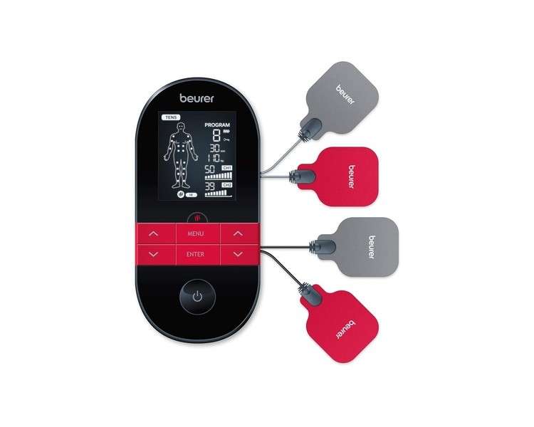 Beurer EM59 Digital TENS/EMS Device with Heat 4-in-1 Stimulation for Pain Therapy, Muscle Stimulation, Massage and Heat Therapy 4 Electrodes 70 Programmes 50 Intensity Levels