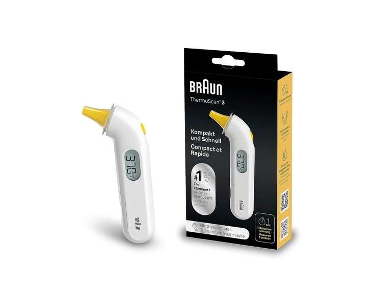 Braun ThermoScan 3 Ear Thermometer Professional Precision Acoustic Fever Indicator Safe Hygienic for the Whole Family Newborn White