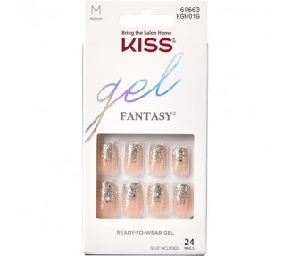 KISS Gel Fantasy Collection Glue-On Manicure Kit Fanciful Medium Length Square Fake Nails 24 Count