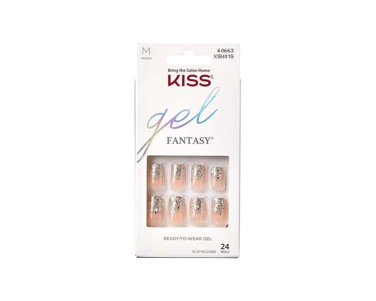 KISS Gel Fantasy Collection Glue-On Manicure Kit Fanciful Medium Length Square Fake Nails 24 Count