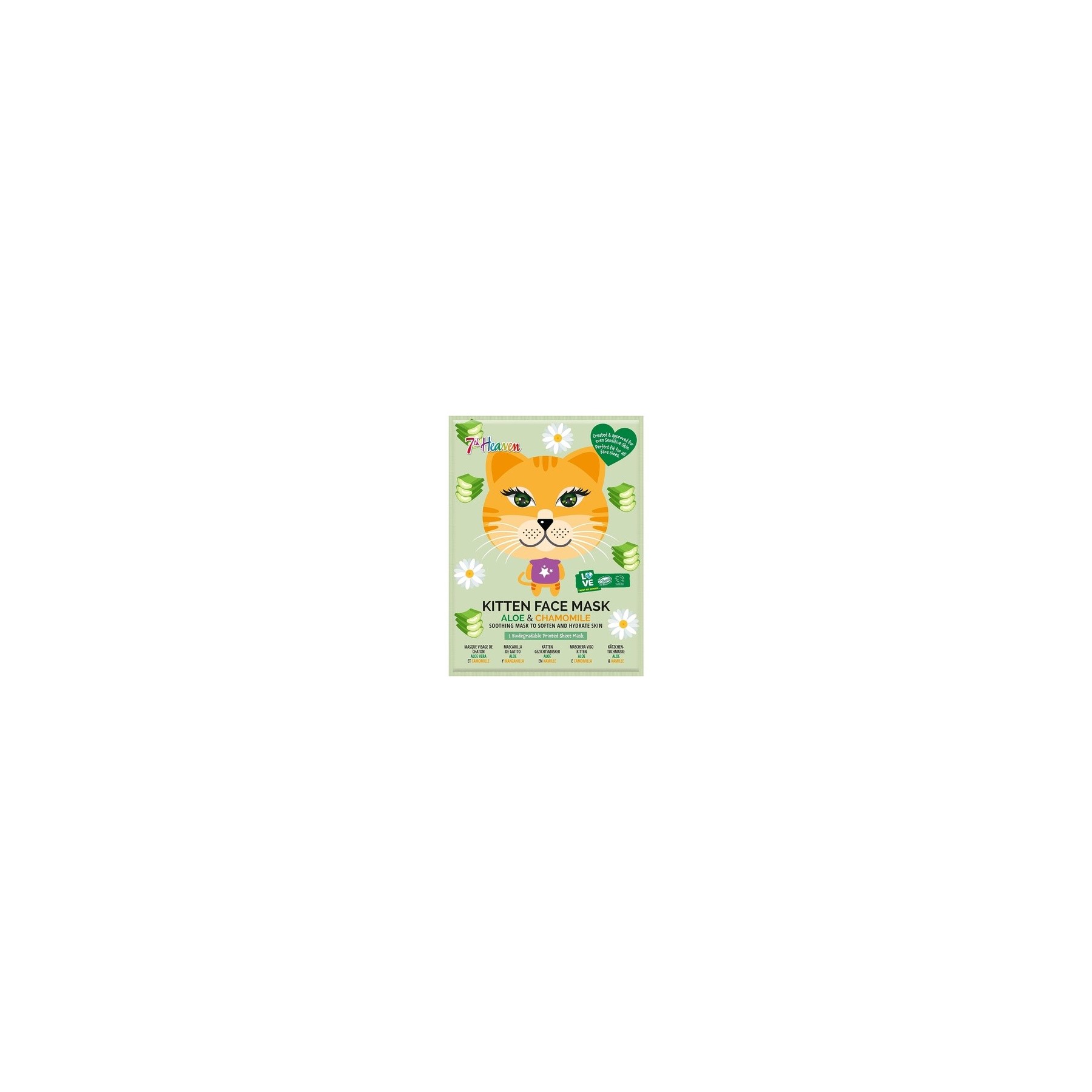7th Heaven Kitten Face Sheet Mask with Chamomile and Aloe Vera to Soften and Hydrate Skin