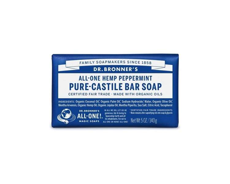 Dr Bronner's Peppermint Pure-Castile Bar Soap with Organic Oils and Fairtrade Ingredients 140g Bar Peppermint 147.9ml