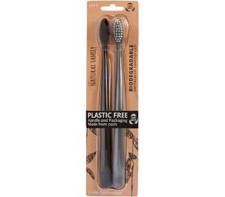 The Natural Family Co. Bio Toothbrush Soft Nylon Bristles with Non GMO Cornstarch Handles - Twin Pack Pirate Black and Monsoon Mist