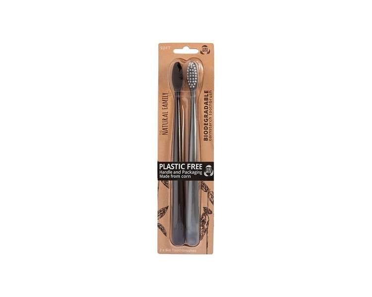 The Natural Family Co. Bio Toothbrush Soft Nylon Bristles with Non GMO Cornstarch Handles - Twin Pack Pirate Black and Monsoon Mist