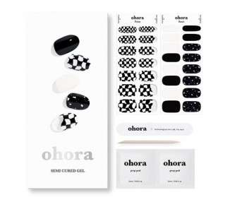 ohora Semi Cured Gel Nail Strips N Checkers - Works with Any Nail Lamps Salon-Quality Long Lasting Easy to Apply & Remove - Includes 2 Prep Pads Nail File & Wooden Stick Black