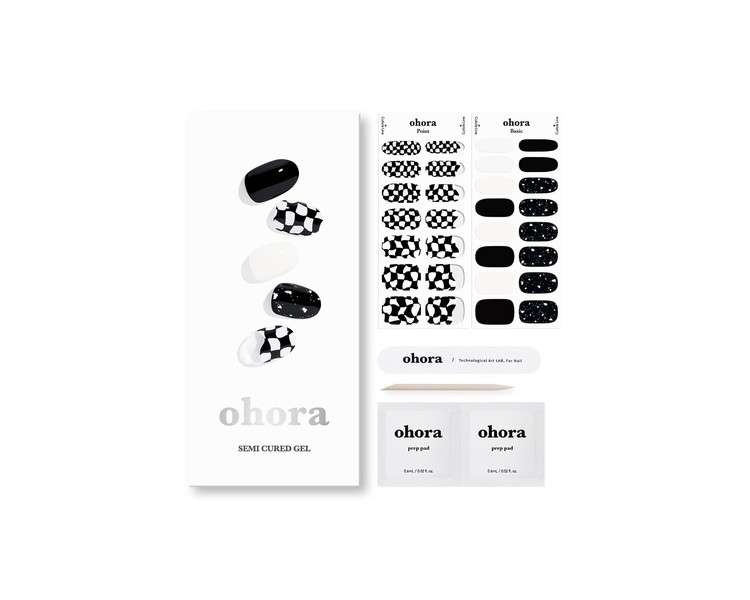ohora Semi Cured Gel Nail Strips N Checkers - Works with Any Nail Lamps Salon-Quality Long Lasting Easy to Apply & Remove - Includes 2 Prep Pads Nail File & Wooden Stick Black