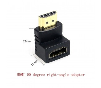 Adaptador HDMI (90° ángulo, mini, 19-pin macho a 19-pin hembra, conector de oro)