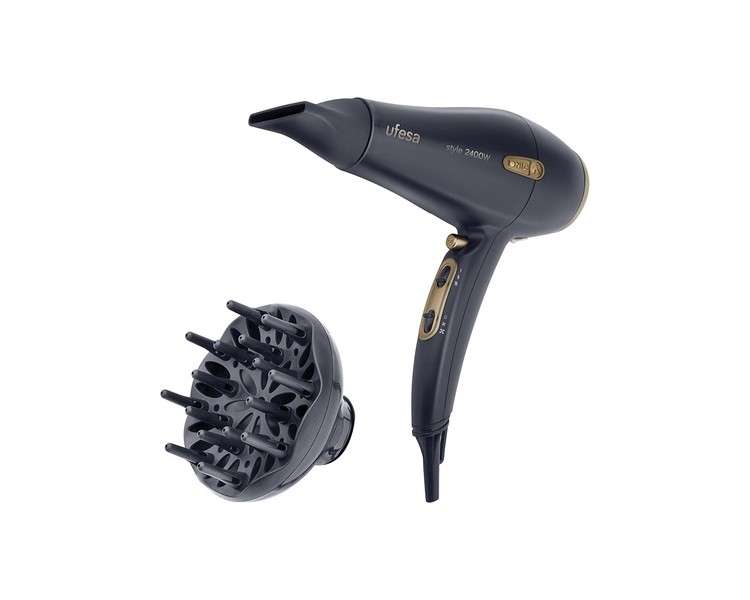 Ufesa SC8460 Professional Ionic Hair Dryer with AC 2400W Motor 2 Speeds 3 Temperatures Diffuser and Concentrator with Narrow Opening 6mm