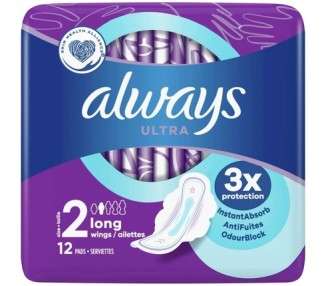 Always Ultra Sanitary Pads Long Size 2 with Wings 12 Count