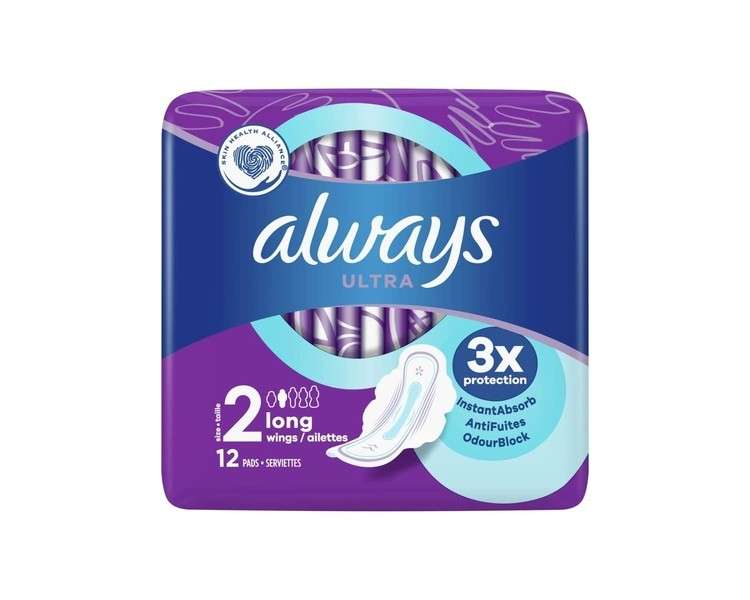 Always Ultra Sanitary Pads Long Size 2 with Wings 12 Count