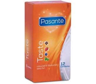 Pasante Taste Flavored Condoms for Oral Sex - Blueberry, Strawberry, Mint, Chocolate 12 Pack