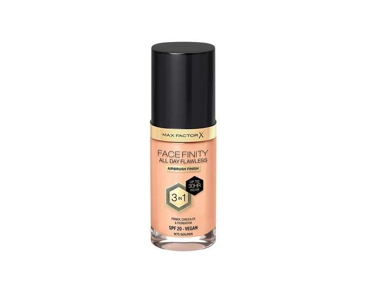 Max Factor Facefinity All Day Flawless 3 in 1 Liquid Foundation Lightweight Oil Free Formula with SPF 20 30ml 075 Golden
