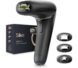 Silk'n 7 IPL Device with Rotating Head Permanent Hair Reduction 600000 Light Pulses for Light to Dark Skin Three Attachments Extra Fast Application