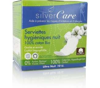 Silvercare Ultra-Thin Night-Time Sanitary Towels 100% Pure Organic Cotton 10 Count